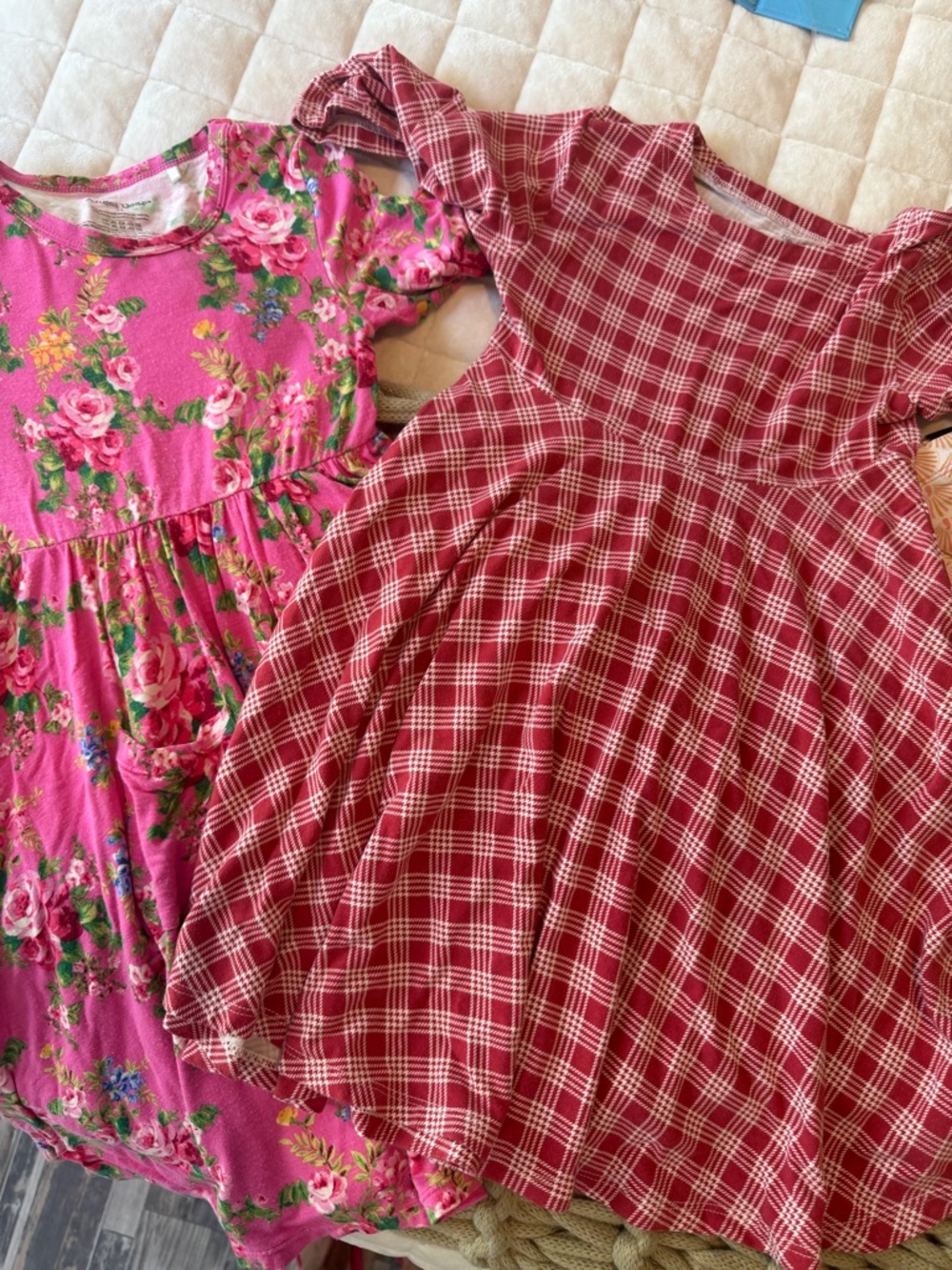 Angel Dear Pink Floral Dress & Red Plaid Dress Set